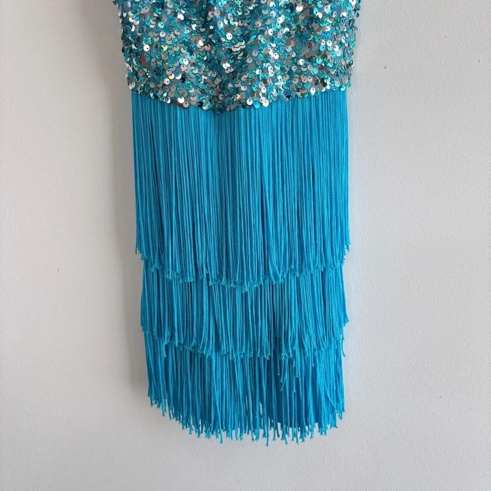 Weissman Showtime Dance Costume 10425 Size SC Blue Fringe Sequins Skating Tap